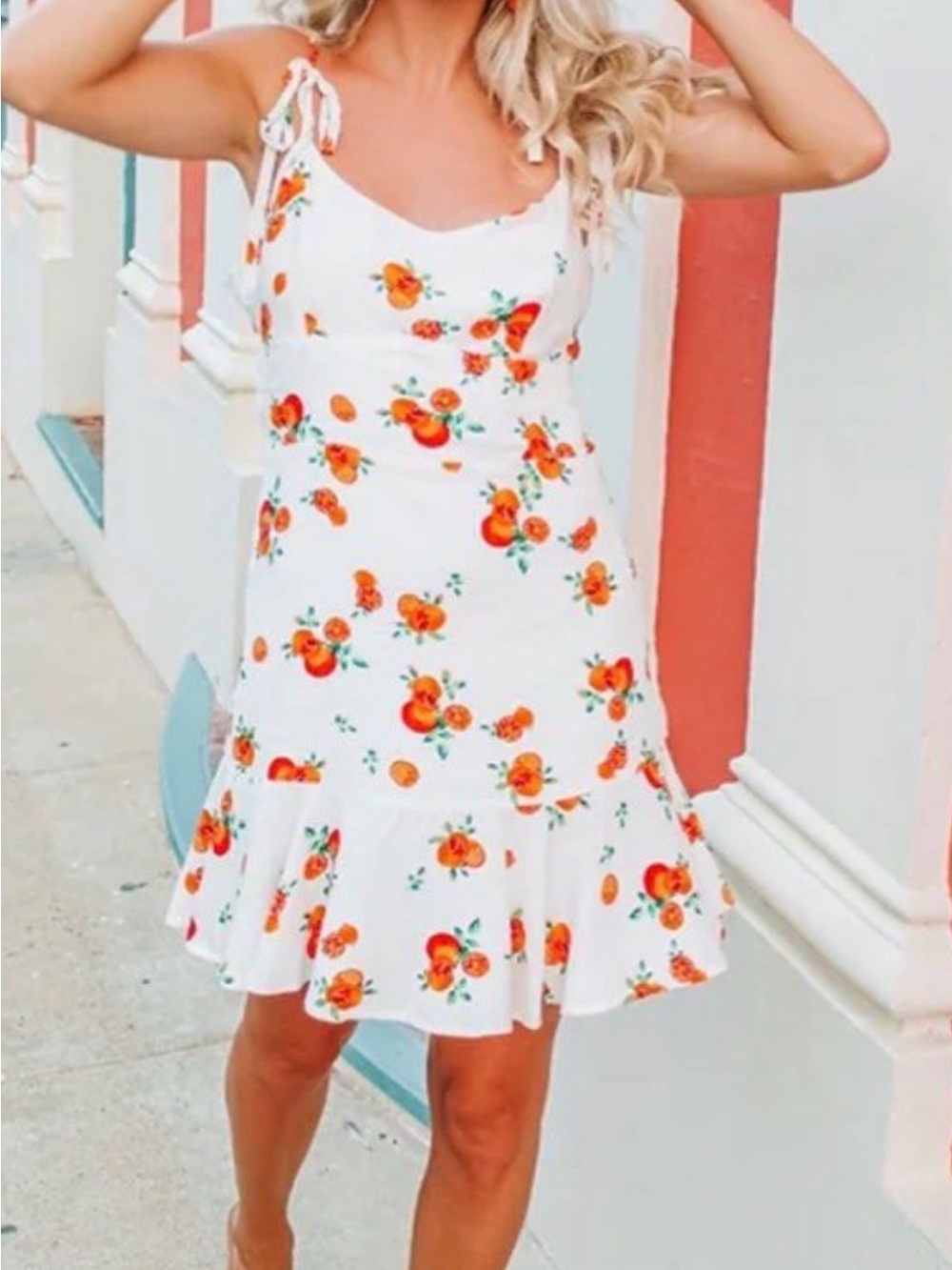New White Sundress with Orange Floral Print